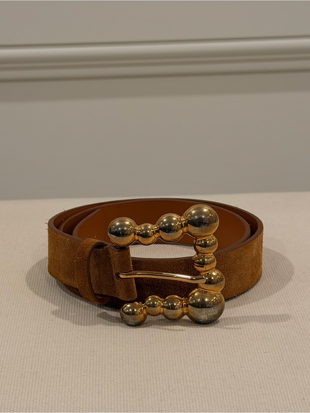 Brown Suede Belt with Sculptural Gold Beaded Buckle